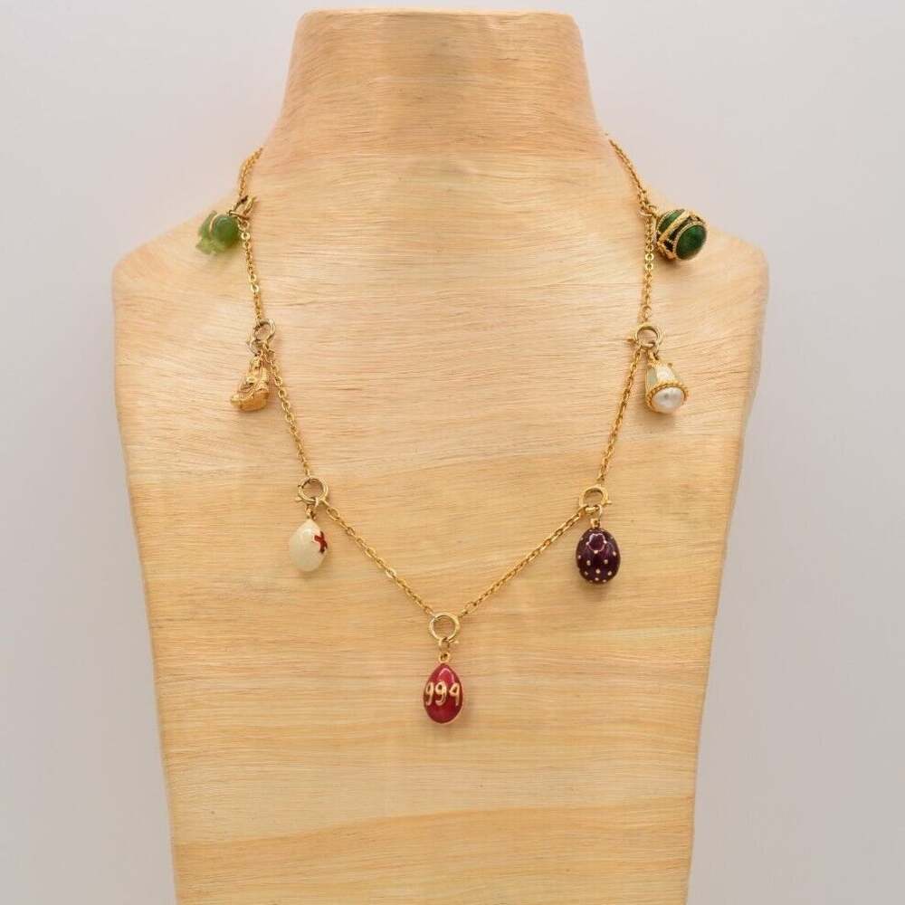 Joan Rivers Faberge Egg Charm Necklace 9 Buddha Elephant Gold Unsigned 90s BinAU